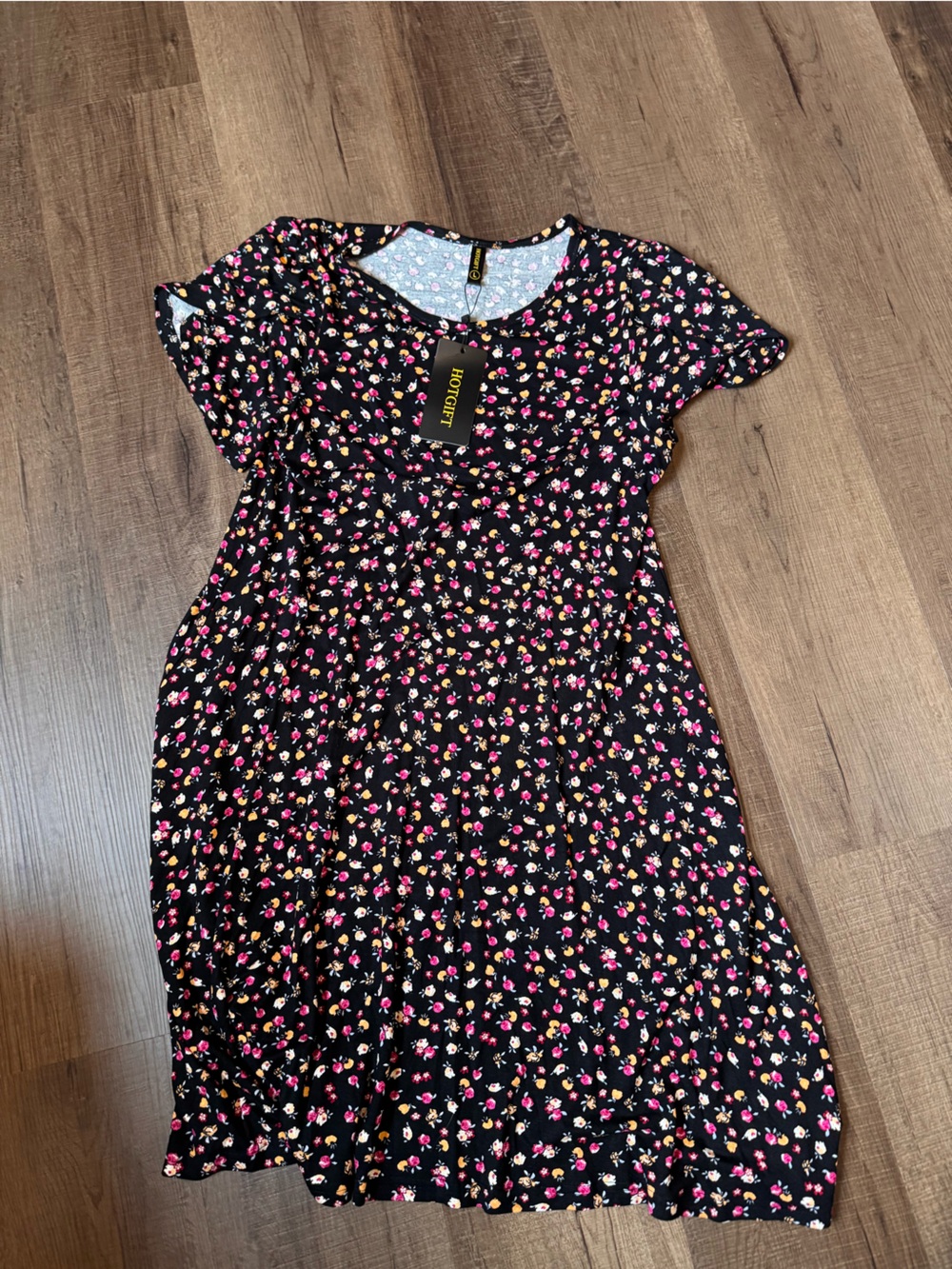 Black Floral Midi Dress with Pink & Cream Accents